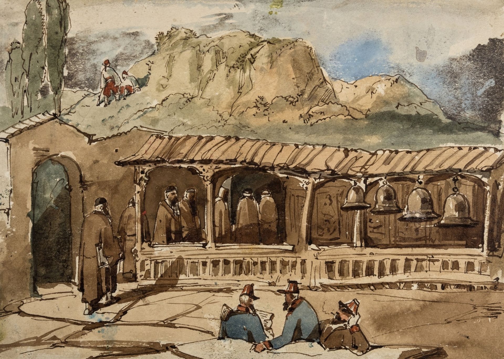 Gibraltar.- Trower (Walter John Bishop) "View from the veranda", probably Gibraltar, ink and …