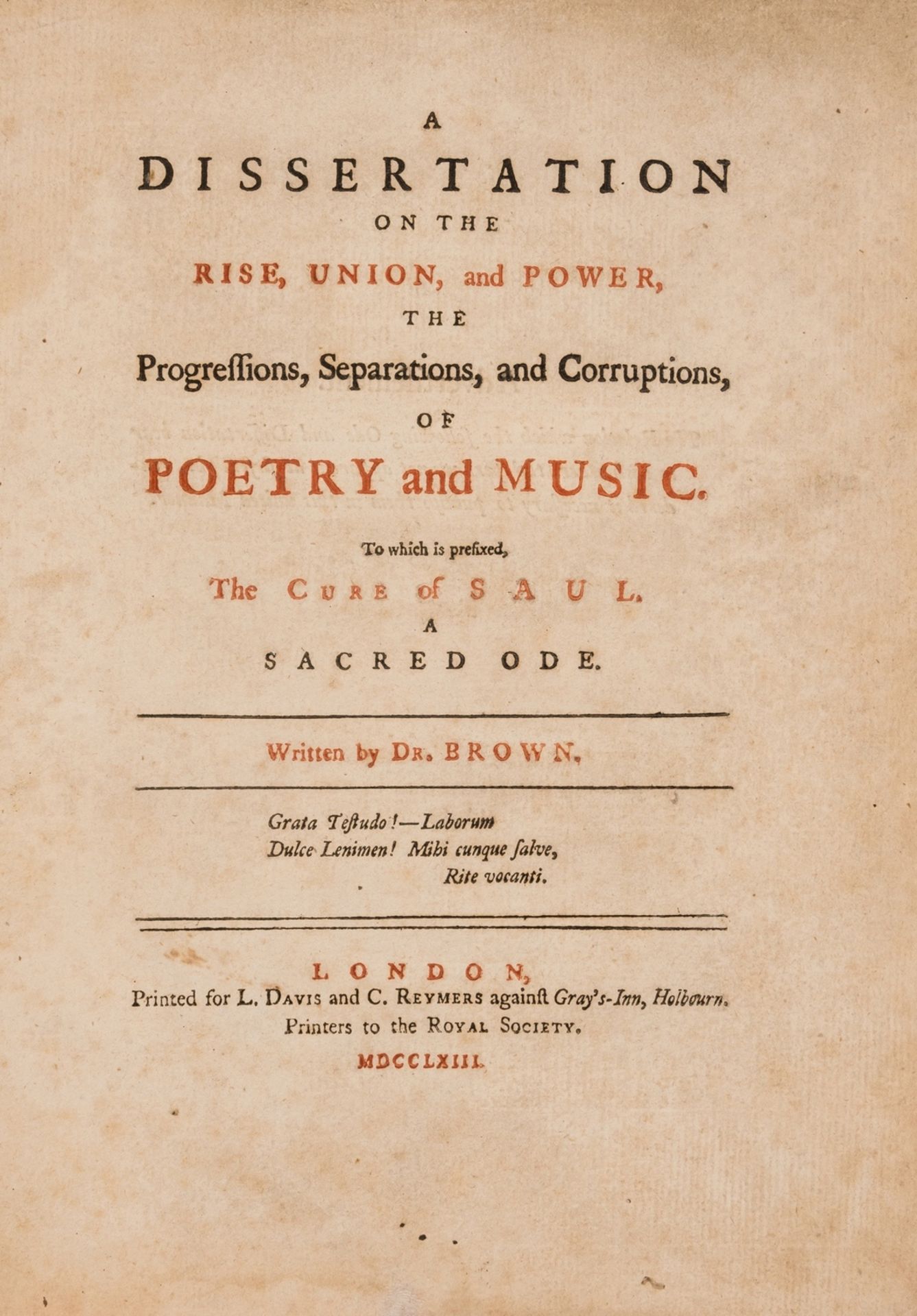 Music.- Brown (John) A Dissertation on the rise, union, and power, the progressions, separations, …