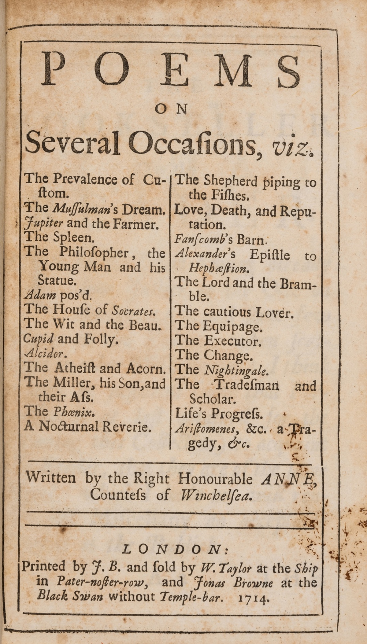 Women poets.- Finch (Anne, Countess of Winchelsea) Poems on Several Occasions, Printed by J. B. …