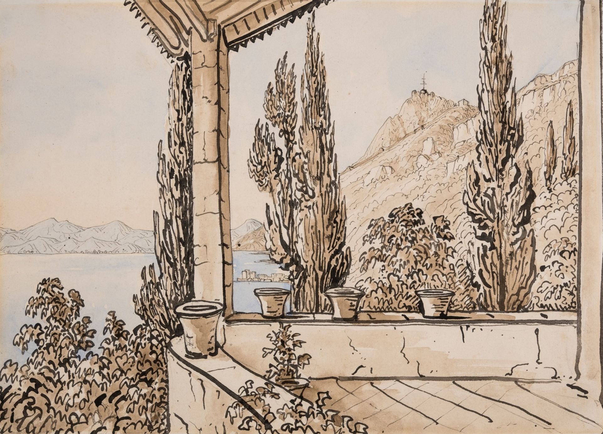 Gibraltar.- Trower (Walter John Bishop) "View from the veranda", probably Gibraltar, ink and … - Bild 2 aus 2