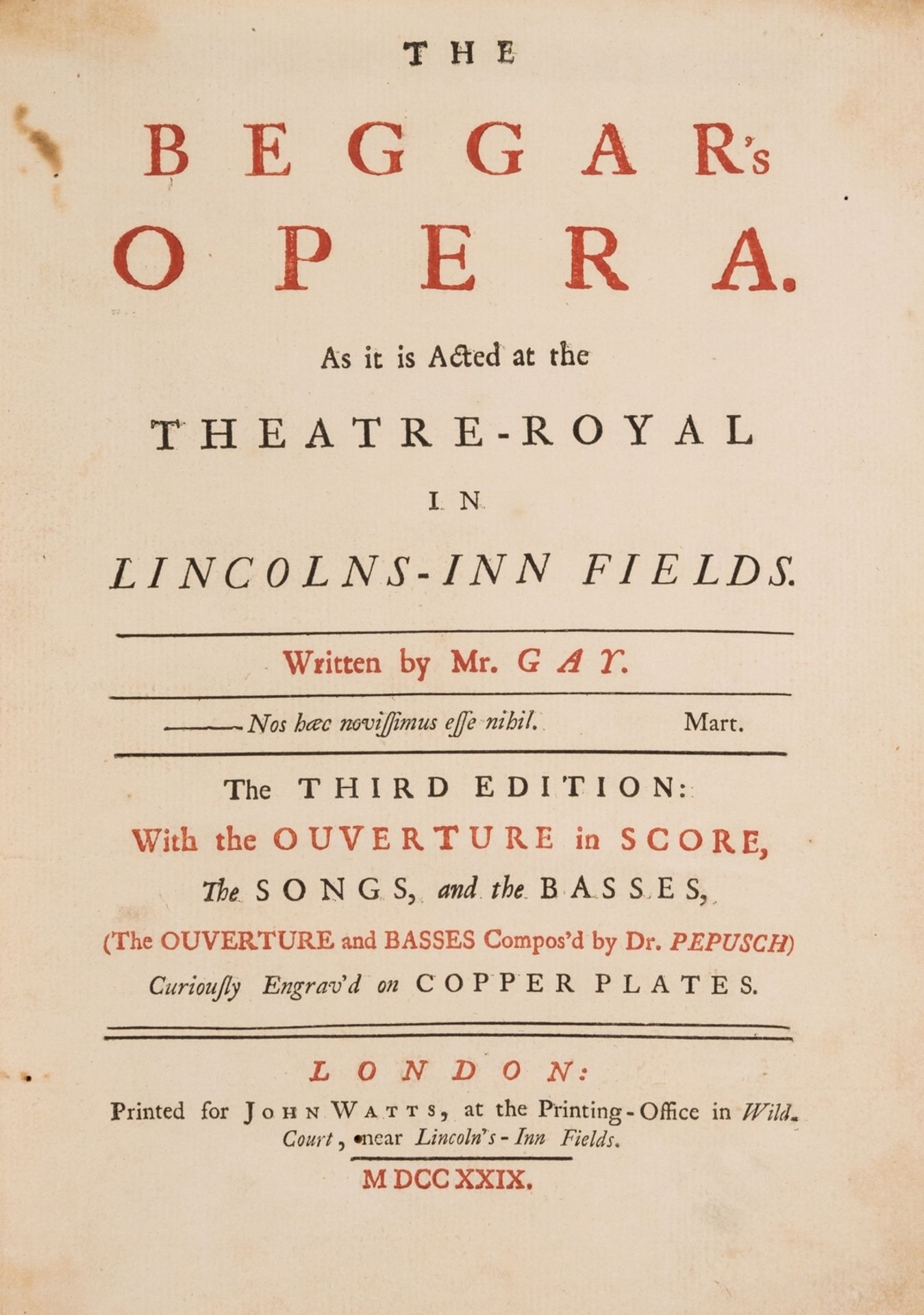 Music.- Opera.- Gay (John) The Beggar's opera. As it is acted at the Theatre-Royal in Lincolns-Inn …