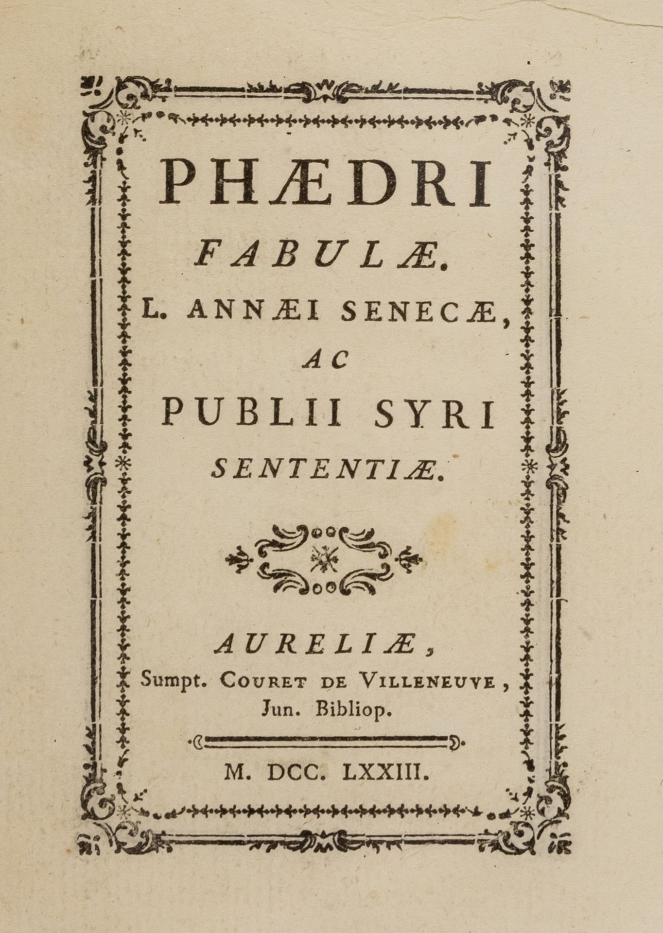 Phaedrus. Fabulae..., printed in very small type, original wrappers, Orleans, Couret de …