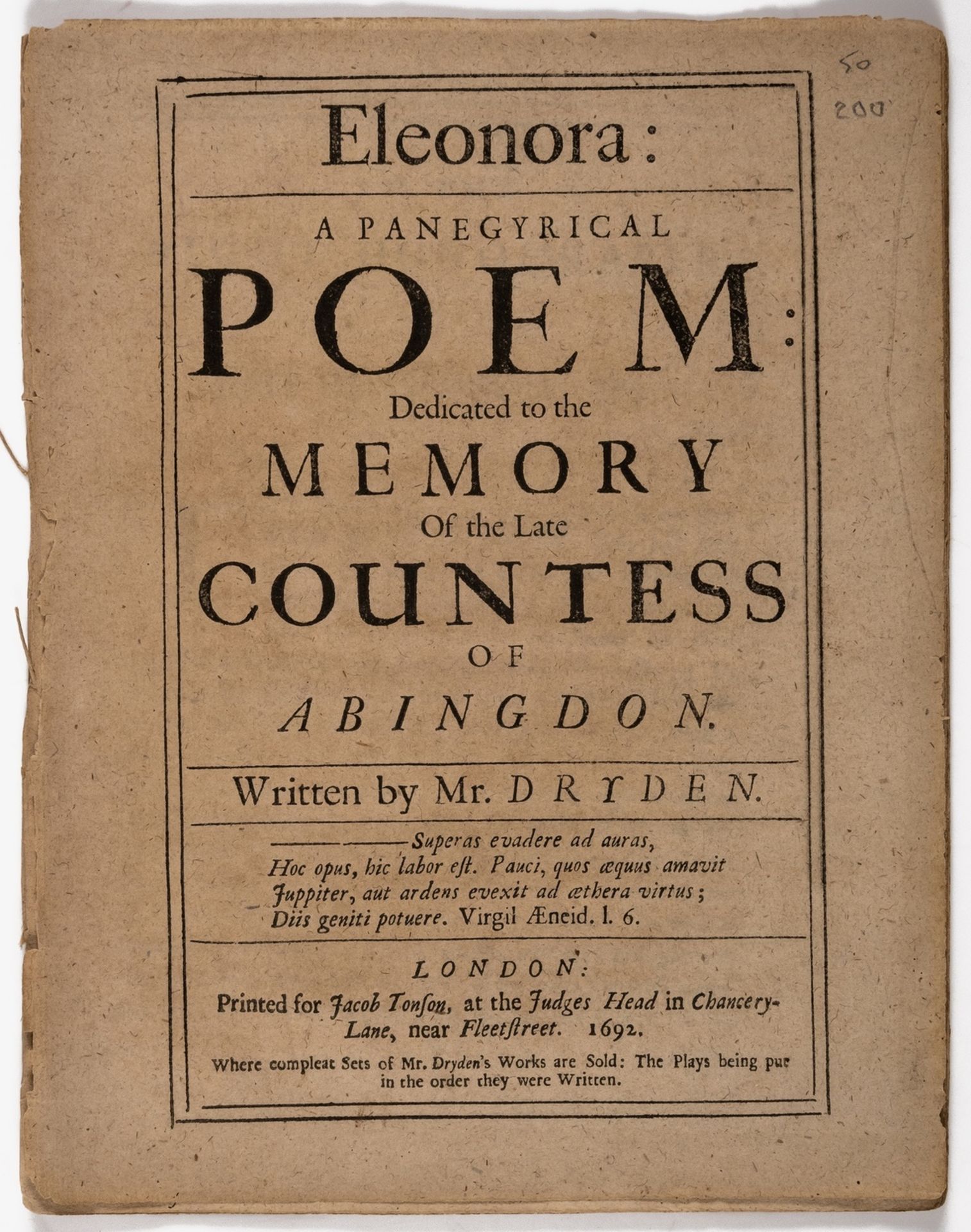 Dryden (John) Eleonora: A Panegyrical Poem..., first edition, for Jacob Tonson, 1692 & others, …