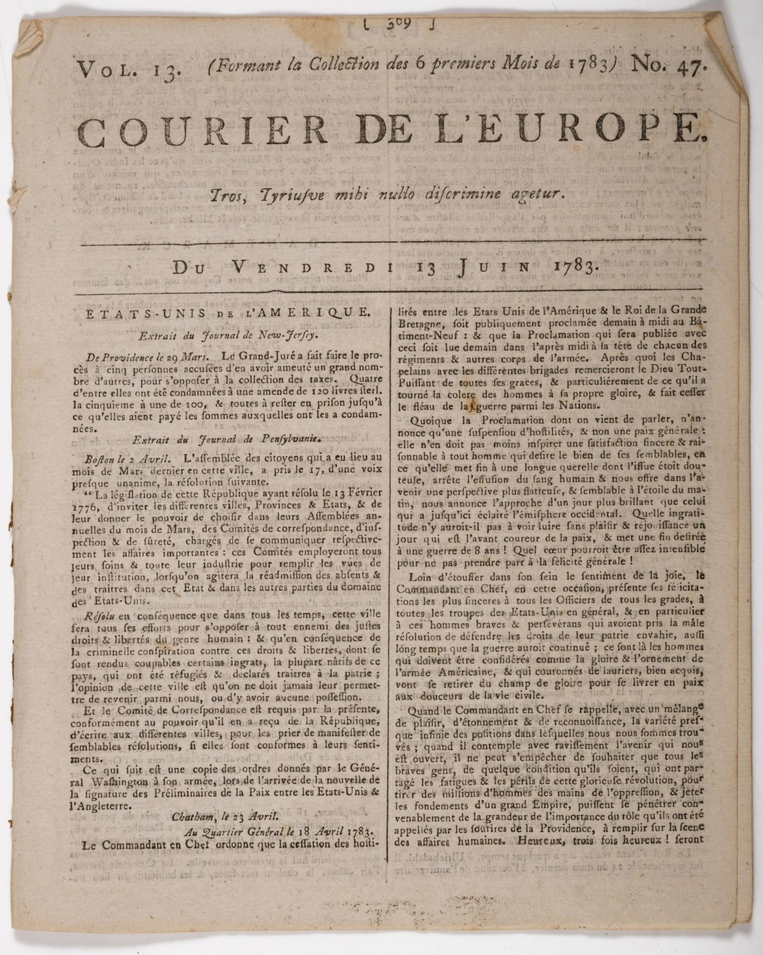 American War of Independence.- Courier l'Europe, vol.13 no.47, 8pp., printed in double-column, …