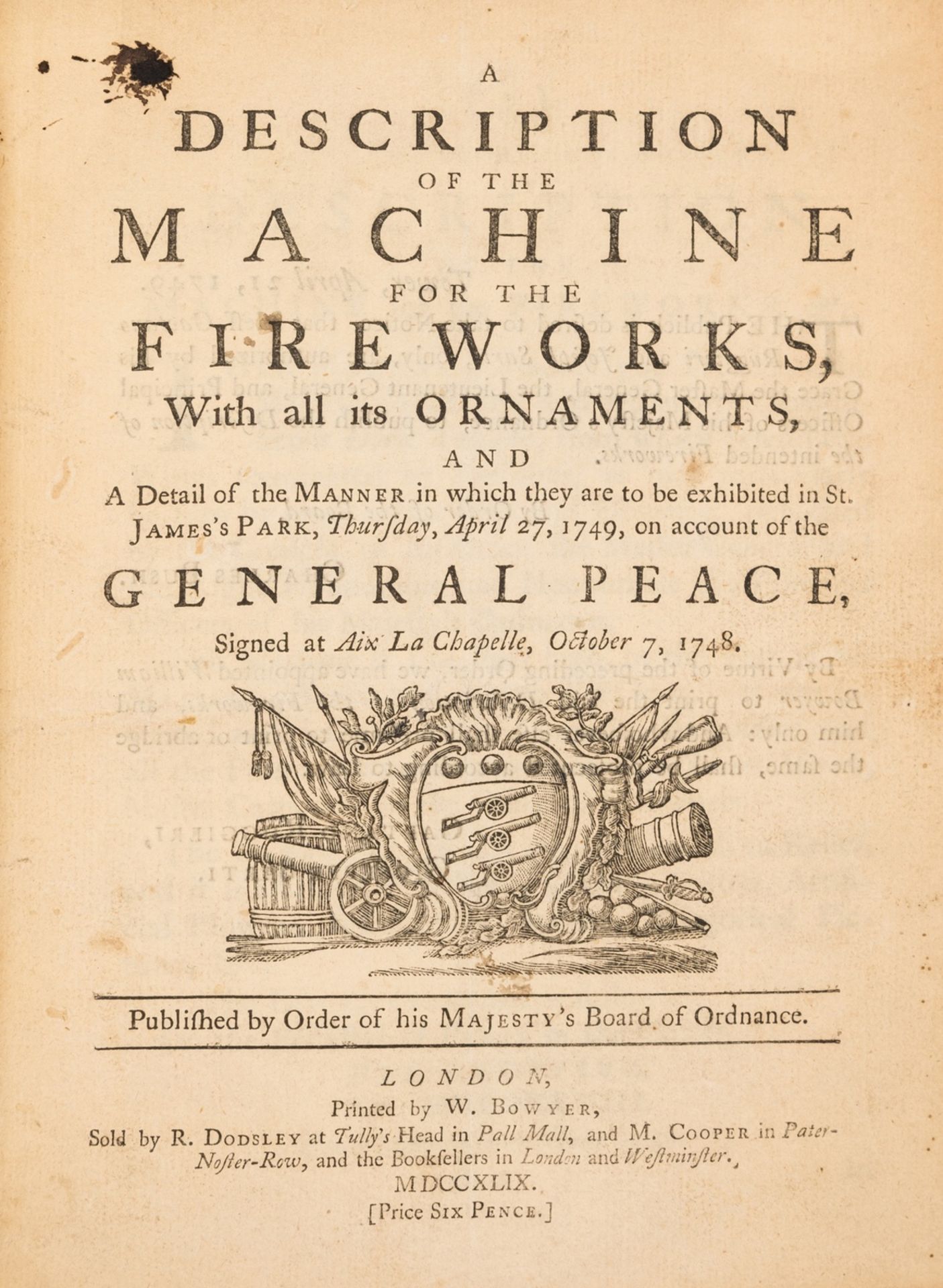 Royal Fireworks.- Board of Ordnance. A Description of the Machine for the Fireworks, W.Bowyer, 1749.