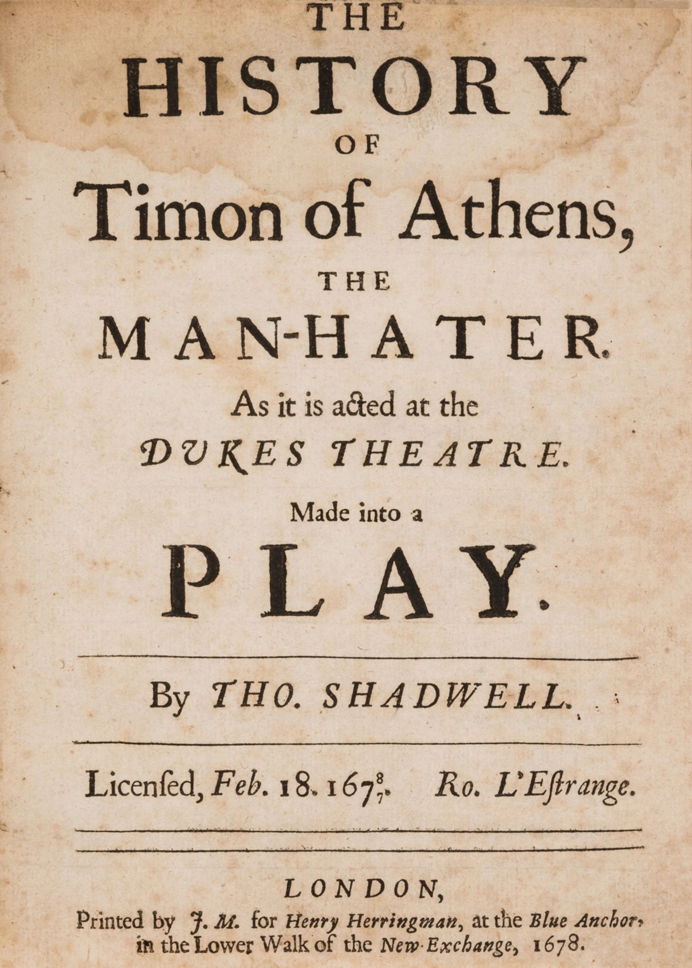 Shadwell (Thomas) The History of Timon of Athens, the Man-Hater, first edition, Printed by J.M. …