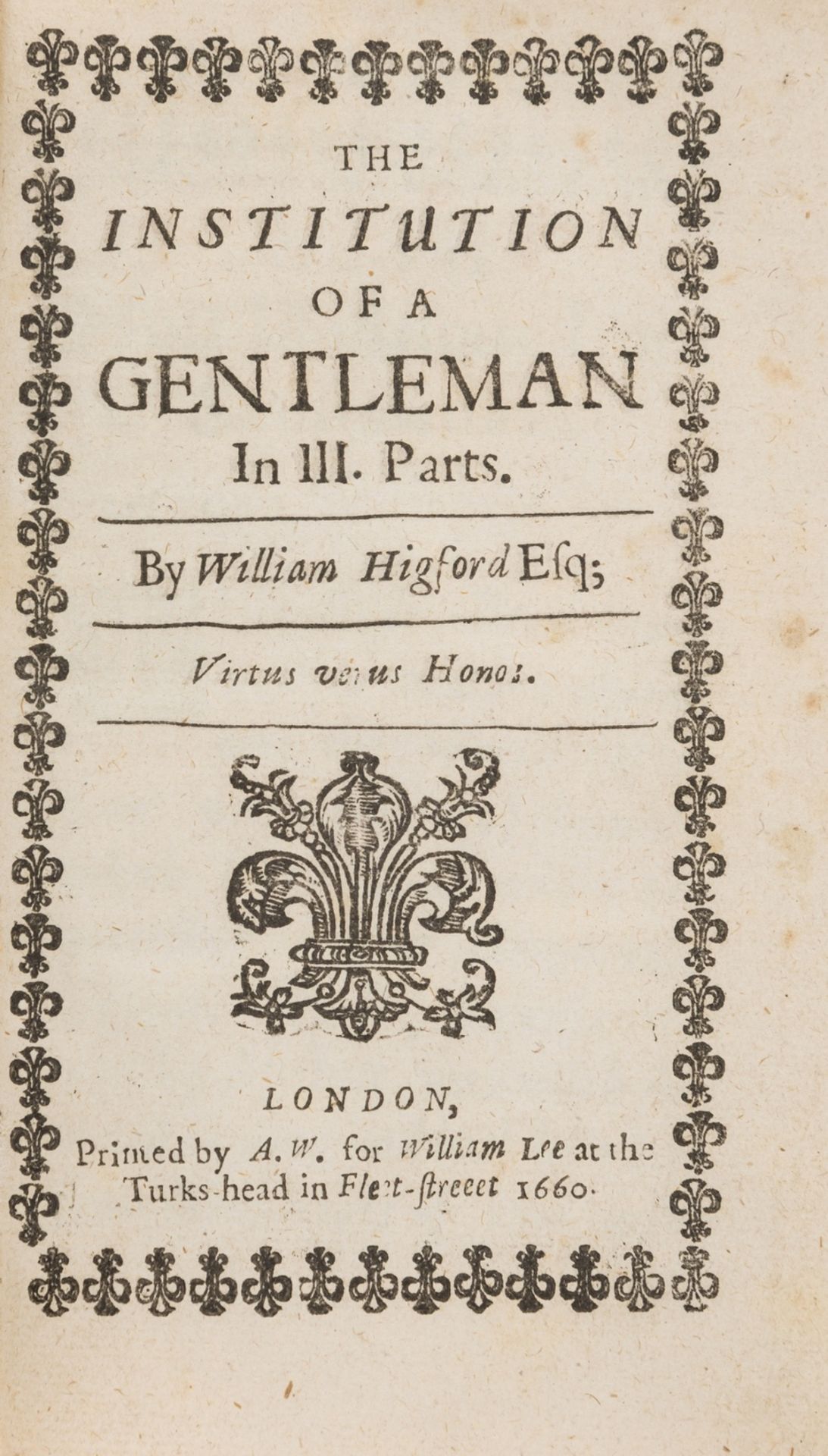 Woman printer.- Higford (William) The Institution of a Gentleman, first edition under this title, …