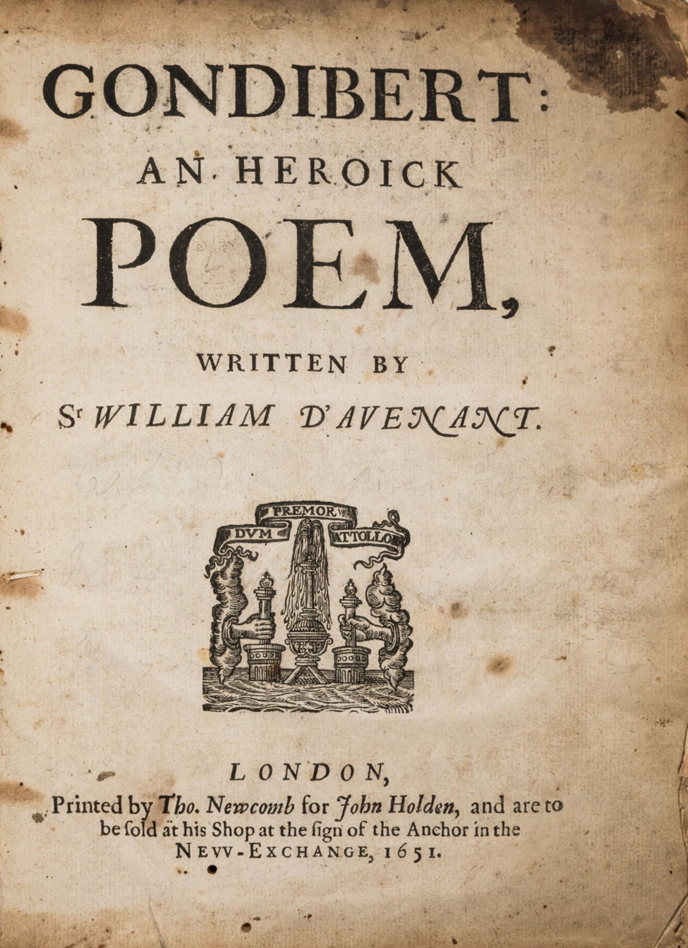 Hobbes (Thomas).- Davenant (William) Gondibert: An Heroick Poem, first edition, Tho. Newcomb for …