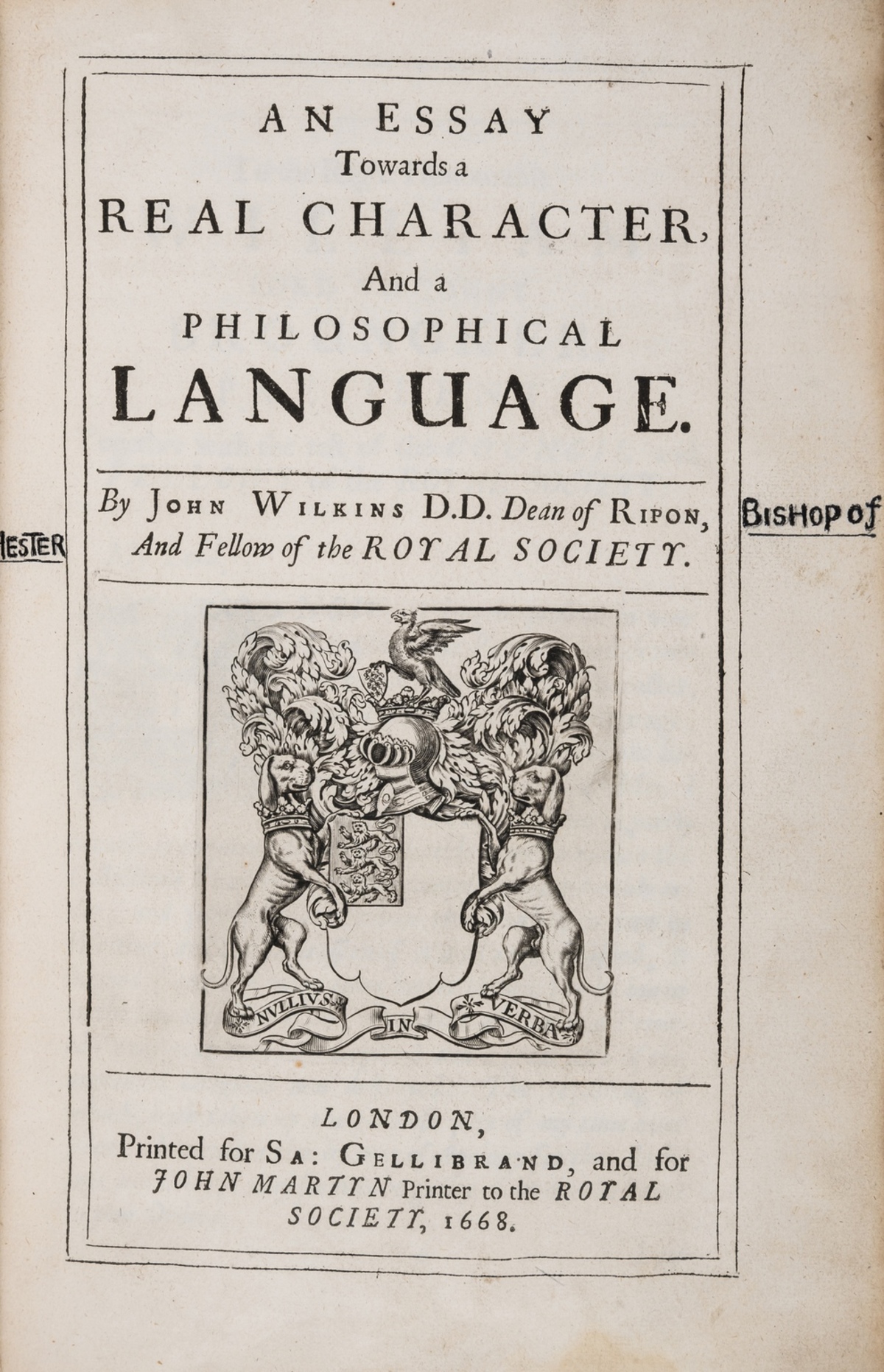 Universal language.- Wilkins (John) An Essay Towards a Real Character, And a Philosophical …