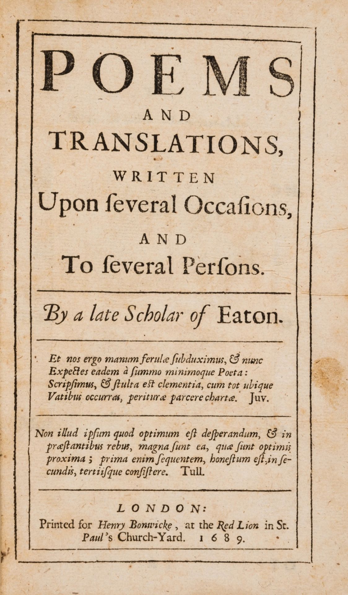 Goodall (Charles) Poems and Translations, first edition, Printed for Henry Bonwicke, 1689.