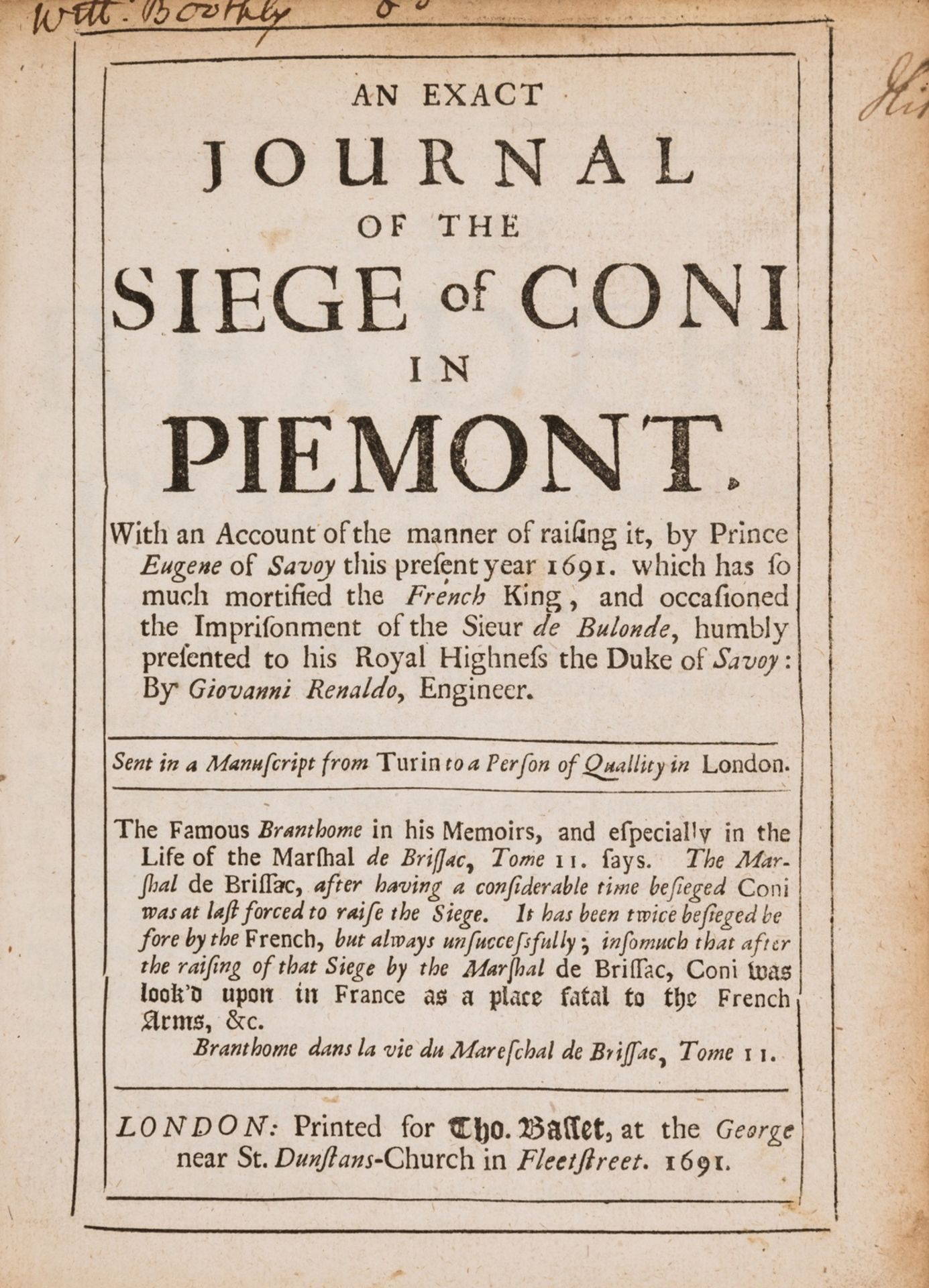 Siege of Cuneo.- [Rinaldo (Giovanni)] An Exact Journal of the Siege of Coni in Piemont, first …