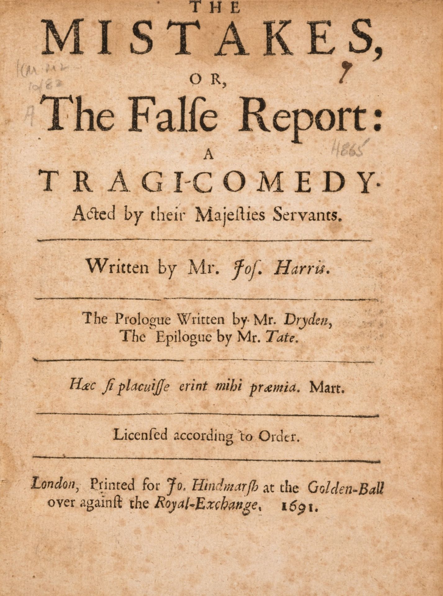 Harris (Joseph) The Mistakes, or, The False Report: A Tragi-Comedy, first edition, Printed for Jo. …