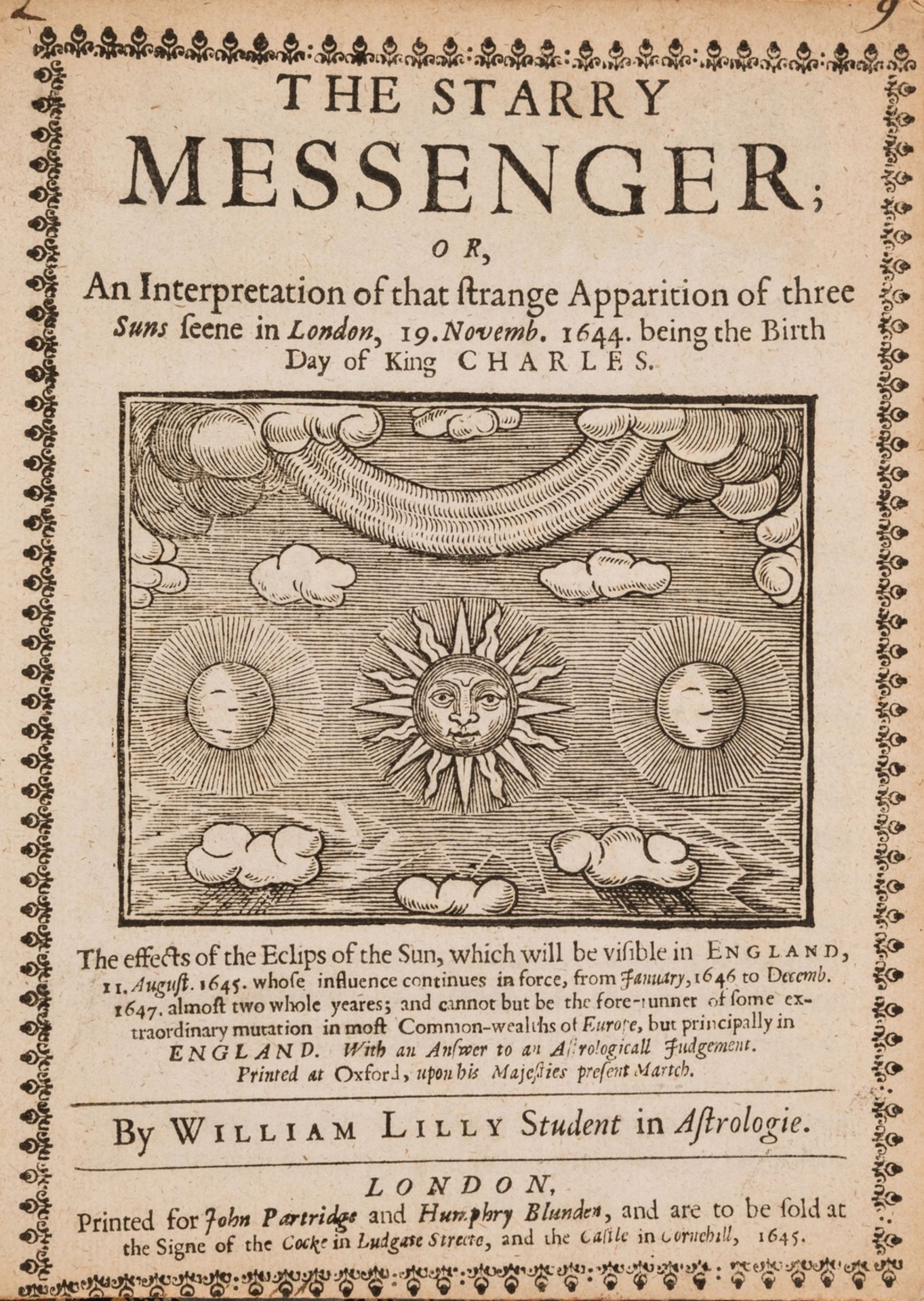 Astrology.- Lilly (William) The Starry Messenger, first edition, Printed for John Partridge and …