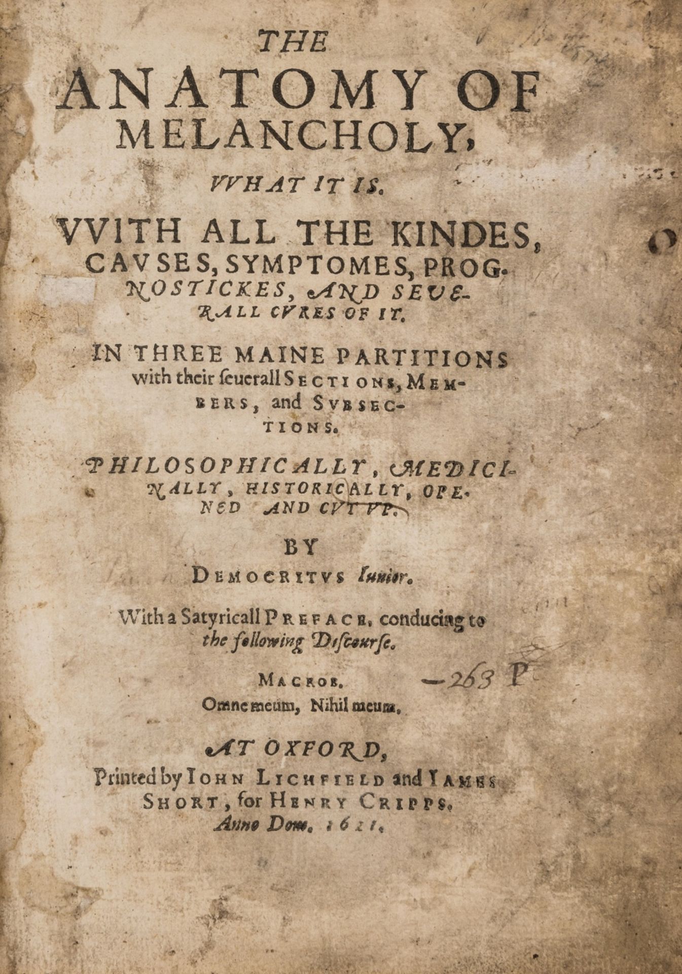 [Burton (Robert)] "Democritus Junior". The Anatomy of Melancholy, first edition, Oxford, Printed …