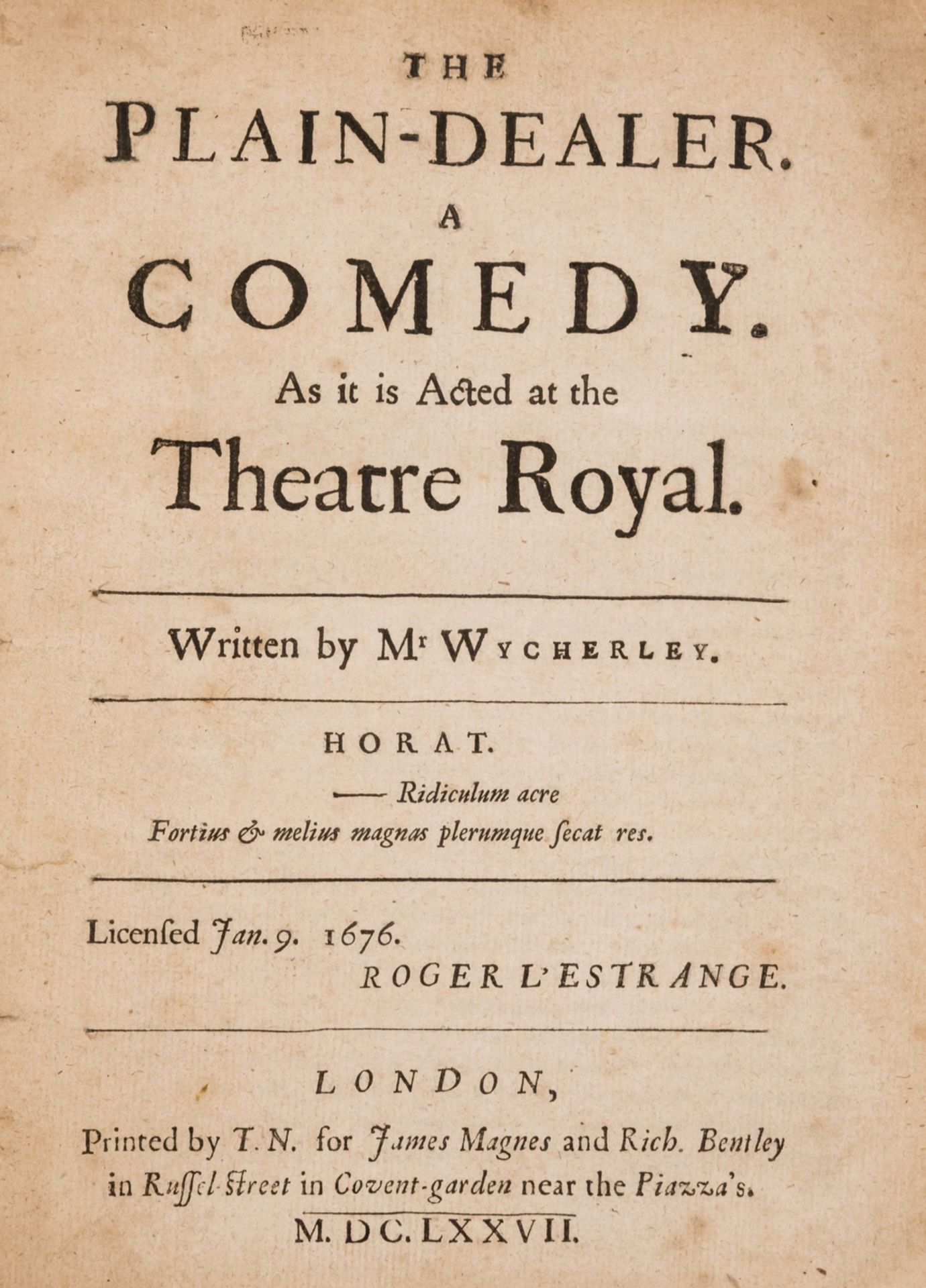 Wycherley (William) The Plain-Dealer. A Comedy, first edition, Printed by T[homas] N[ewcomb] for …