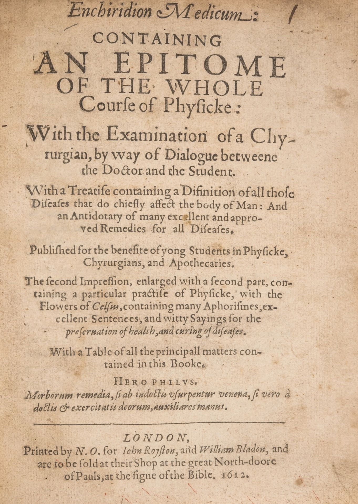 Medicine.- Pomarius (Petrus) Enchiridion Medicum: containing an Epitome of the Whole Course of …