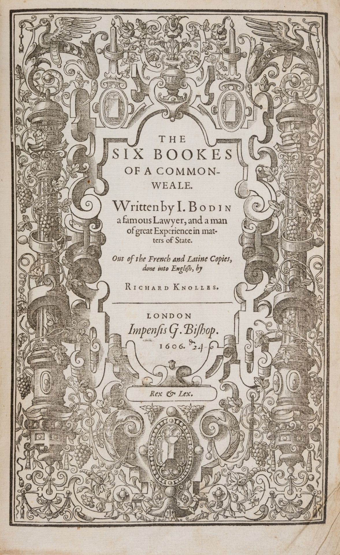 Bodin (Jean) The Six Bookes of a Commonwealth, first English edition, for Adam Islip, 1606; bound …