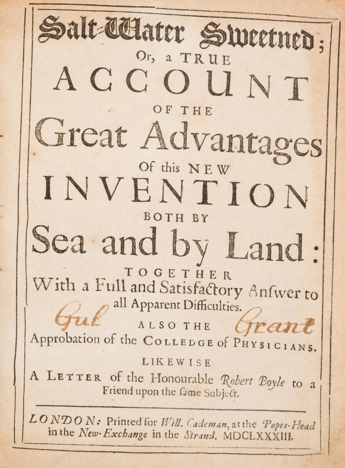 Health of mariners.- Fitzgerald (Robert) Salt-Water Sweetned; Or, a True Account of the Great …