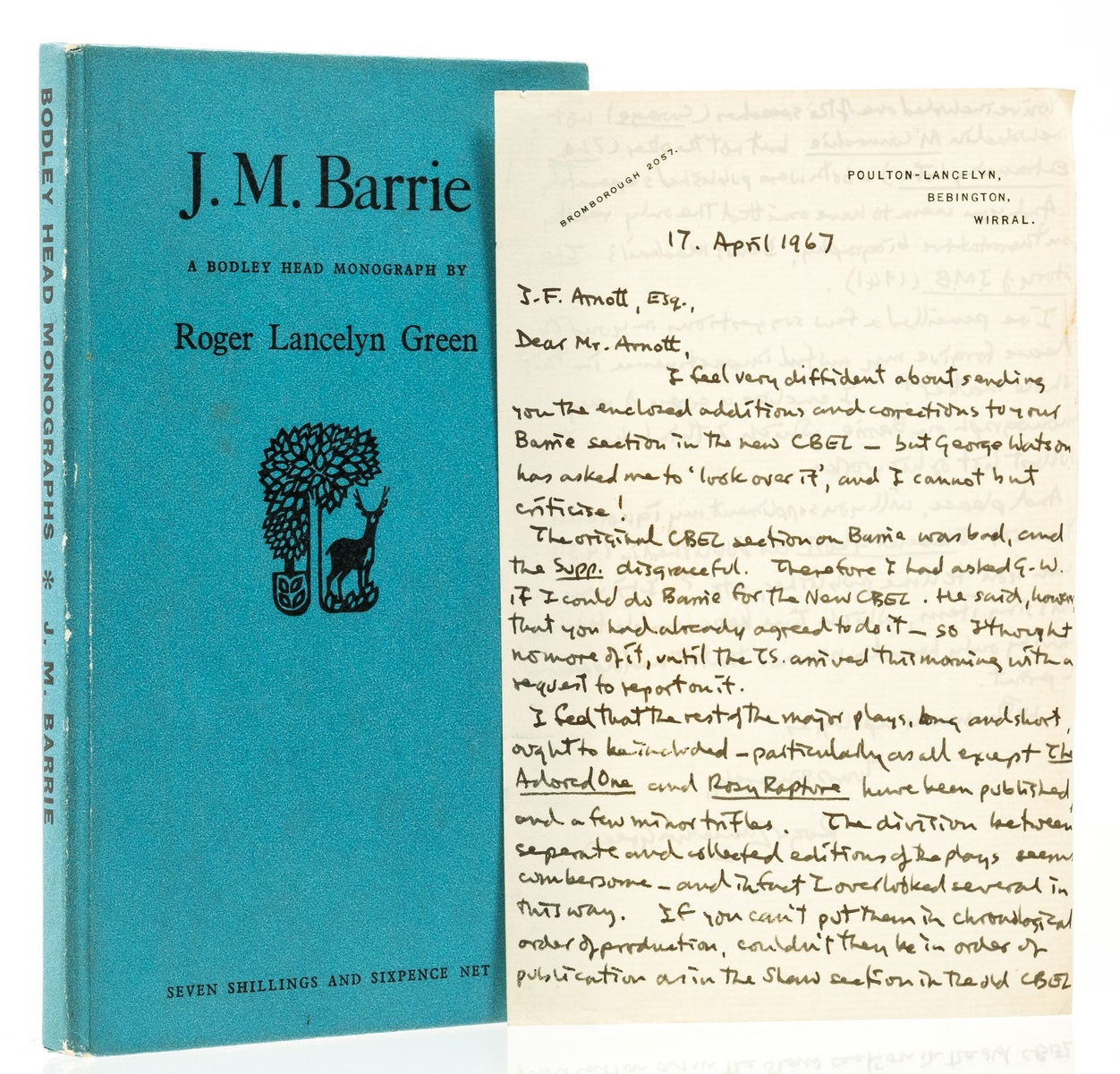 Green (Roger Lancelyn) J. M. Barrie, first edition, ALs from the author, 1960.