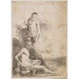 Rembrandt van Rijn (1606-1669) Nude man seated and another standing, with a woman and baby lightly …