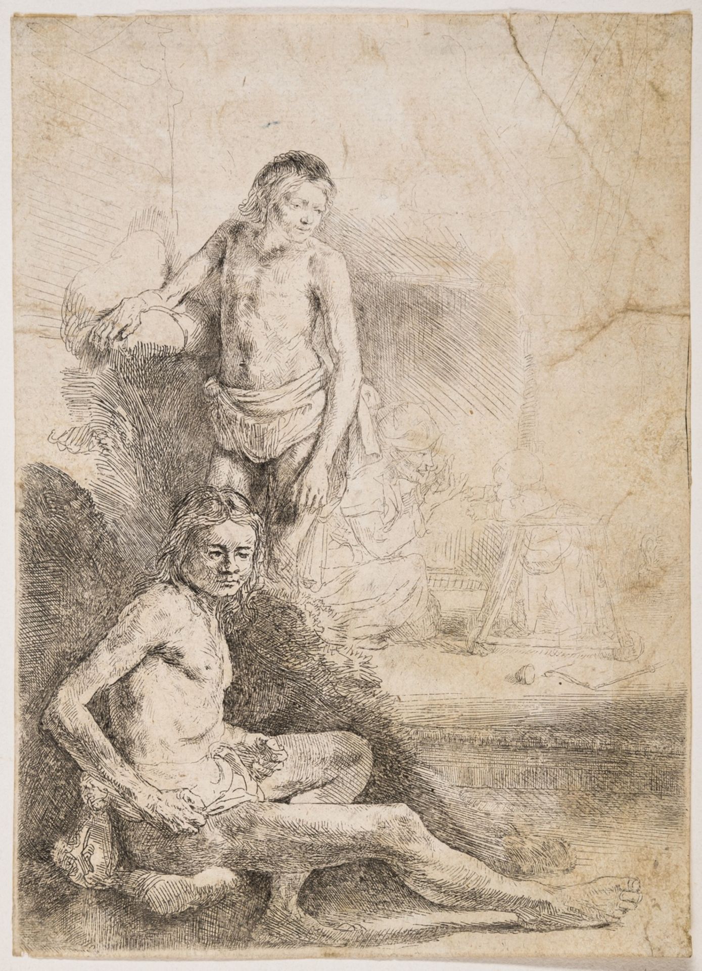 Rembrandt van Rijn (1606-1669) Nude man seated and another standing, with a woman and baby lightly …