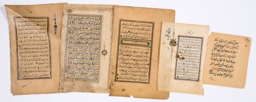 Qur'an, 5 leaves from various Qur'ans, manuscripts in Arabic and Turkish, n.d. [?late 19th …