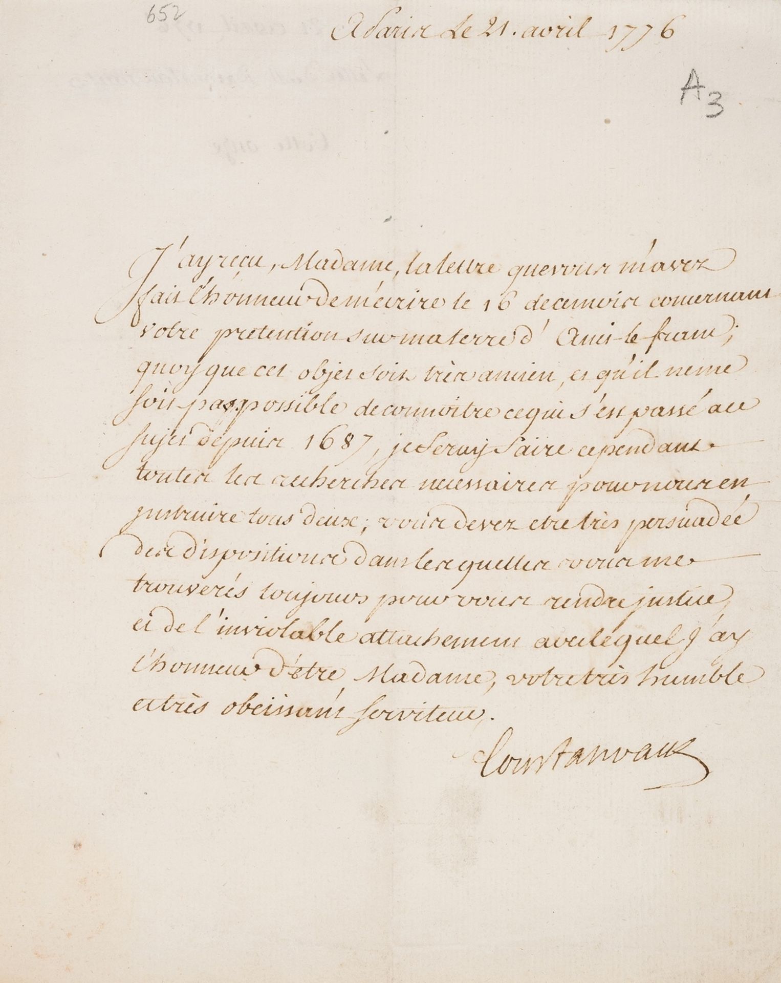French soldier and scientist.- Courtanvaux (François César Le Tellier, Marquis de) Letter signed, …