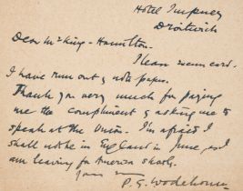 Wodehouse (Sir Pelham Grenville) Autograph Postcard signed to Alan King-Hamilton, 1927, declining …