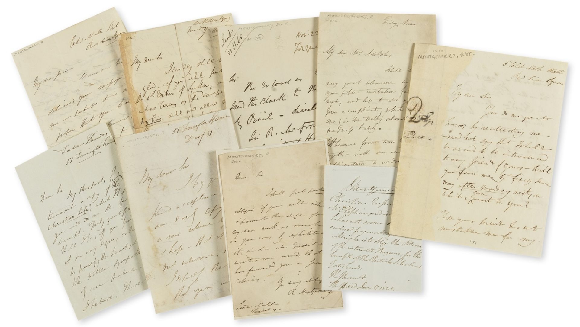 Montgomery (James) & Robert Montgomery, poets. Collection of 15 Autograph Letters Signed, 1 Letter …