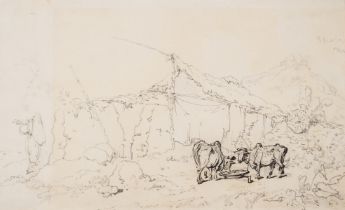 Chinnery (George) Indian cattle in a landscape, pen and ink, [early to mid-19th century]