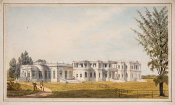 Gantz (Justinian) Colonial mansion in India with local figures working in the garden, watercolo