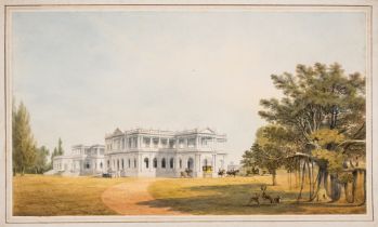 Gantz (Justinian) Colonial mansion in India with horse drawn carriage outside, watercolour,