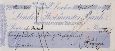 Tennyson (Alfred, Lord) Autograph cheque signed, 1871.