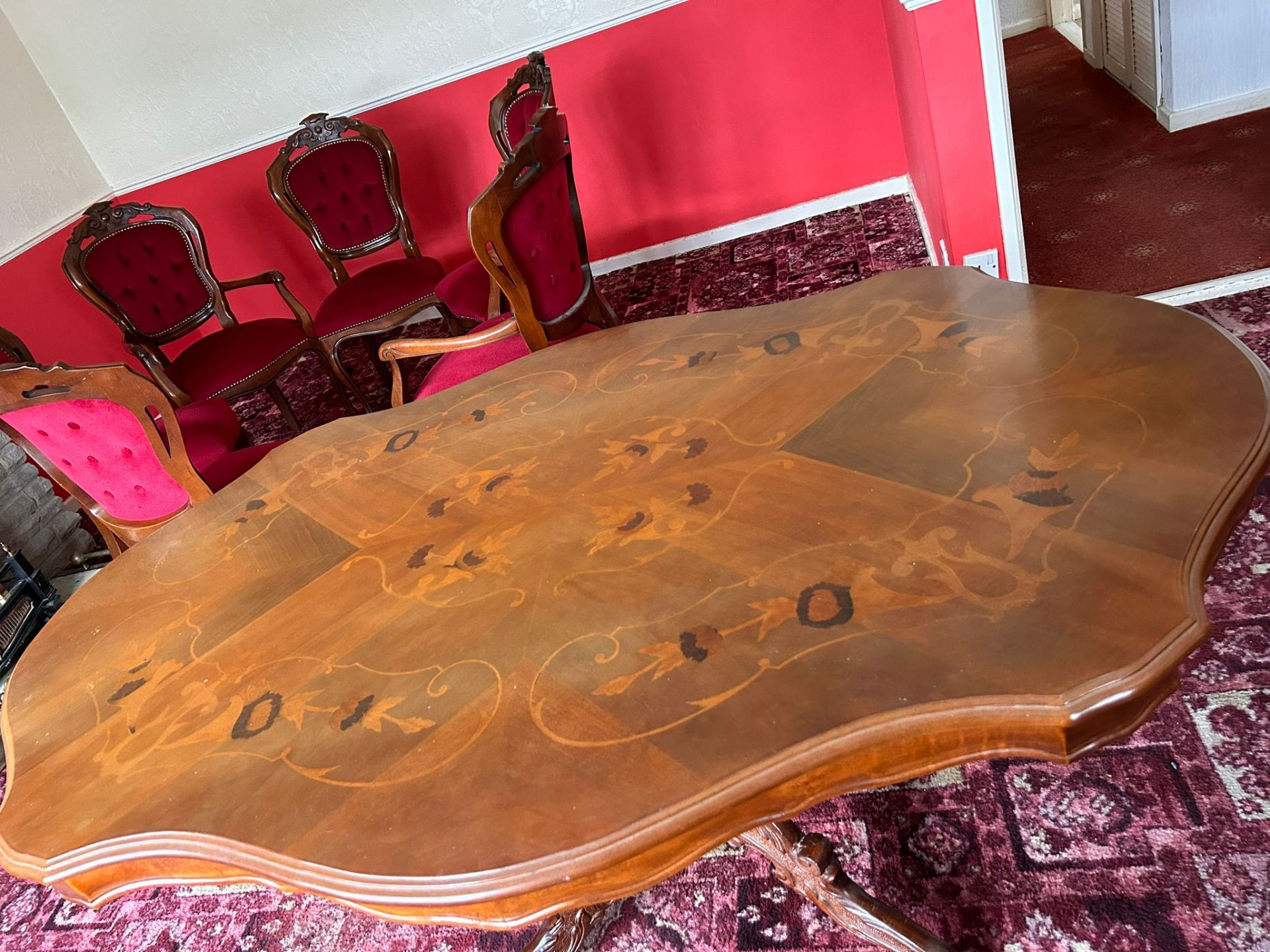 NO VAT Ornate inlaid dining table with 2 carver and 4 dining chairs - Image 3 of 5