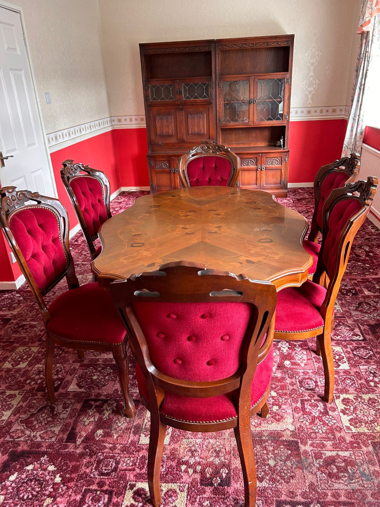 NO VAT Ornate inlaid dining table with 2 carver and 4 dining chairs
