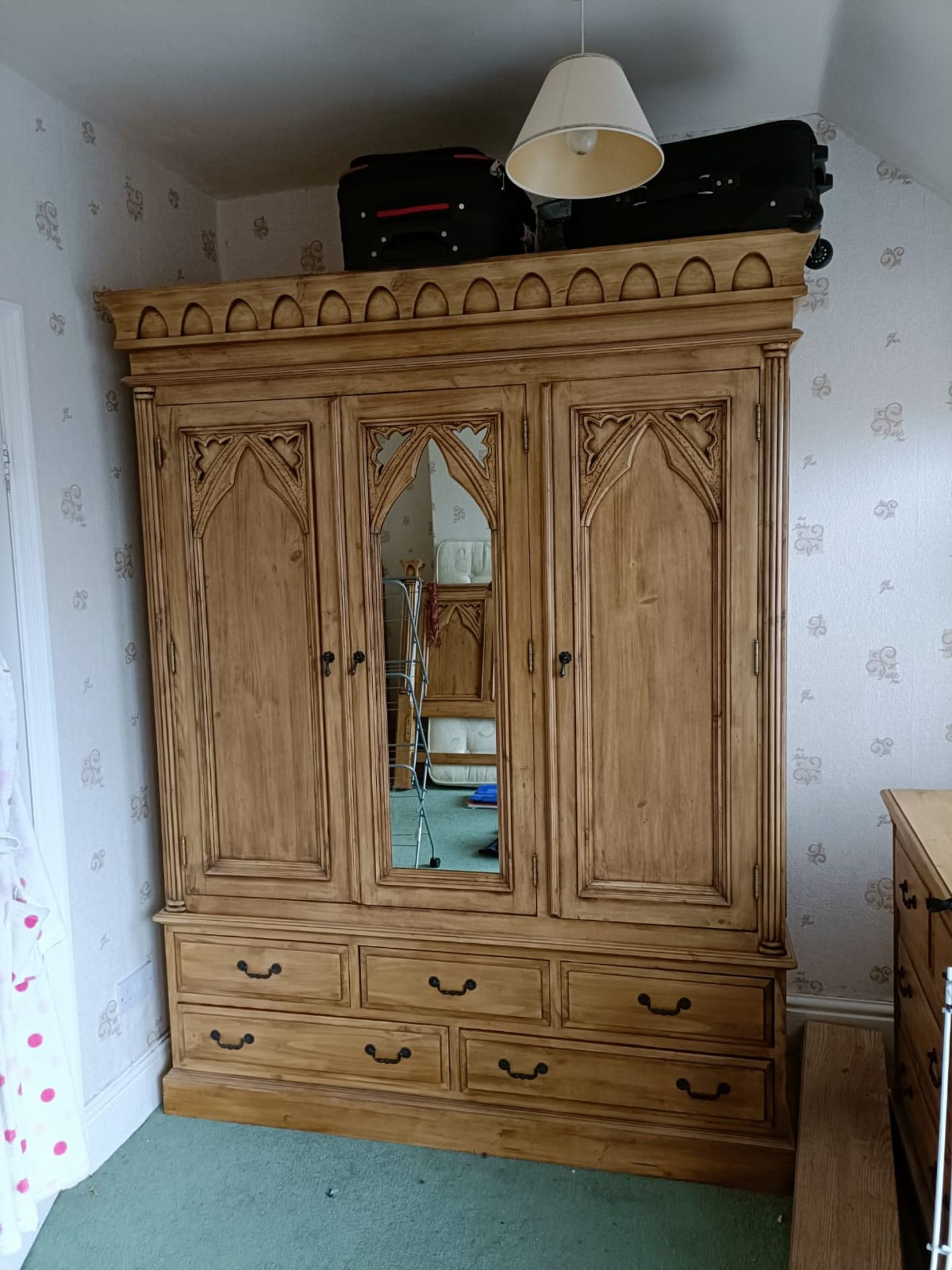 8 piece Gothic style pine bedroom suite, including wardrobe, wall mirror, Located Withernsea, HU19.