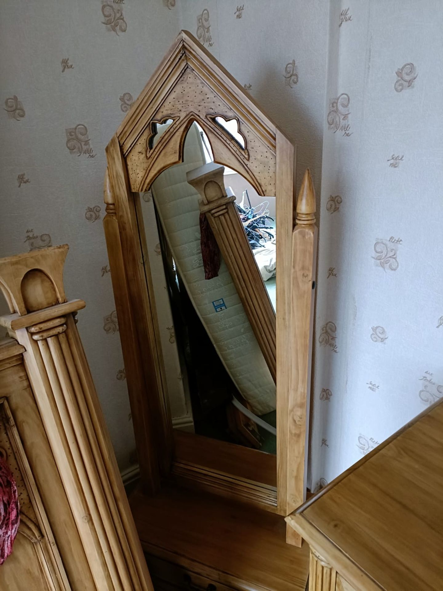8 piece Gothic style pine bedroom suite, including wardrobe, wall mirror, Located Withernsea, HU19. - Image 4 of 7