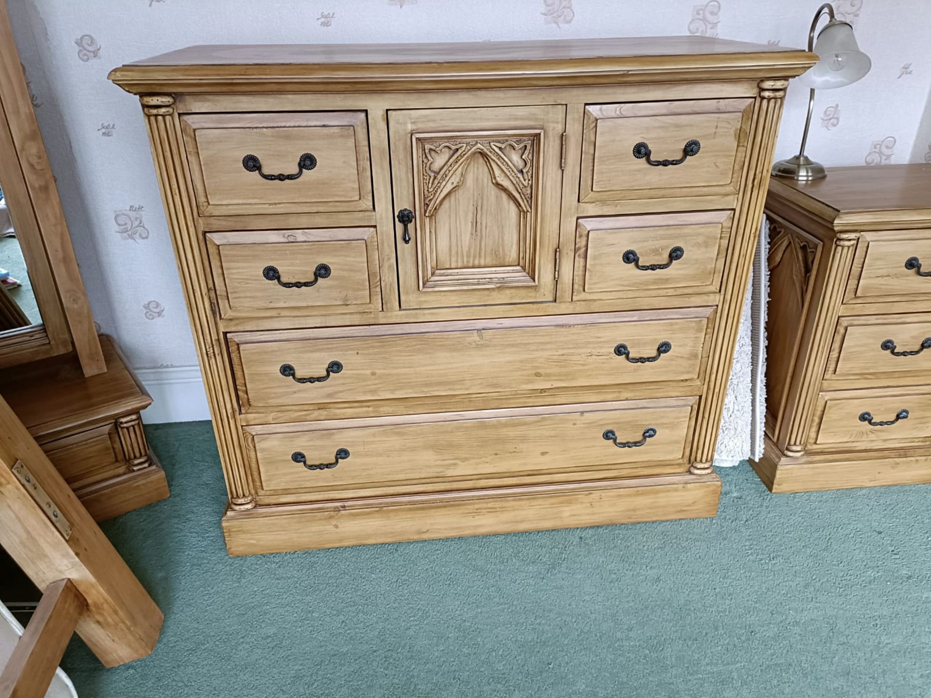 8 piece Gothic style pine bedroom suite, including wardrobe, wall mirror, Located Withernsea, HU19. - Image 7 of 7