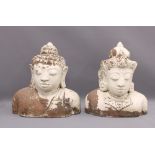 A pair of male and female head and shoulder busts, painted terracotta, 44cm high (2)