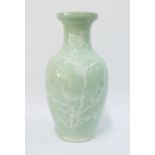 Chinese Jingdezhen celadon vase with blossom pattern and blue seal mark to base, 35cm