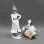 Nao Spanish porcelain figure of a girl with hoop and a group of two dogs (2) 24cm