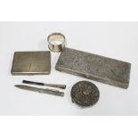 Mixed lot to include Epns cigarette case, box, compact, napkin ring, propelling pencil, cheroot