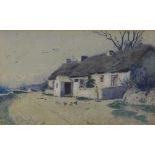 John McDougal, (British) white cottages with thatched roofs, watercolour, signed and framed under