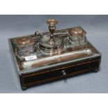 Georgian desk inkstand, the top with silver plate on copper candlestick, pounce pot, inkwell and pen