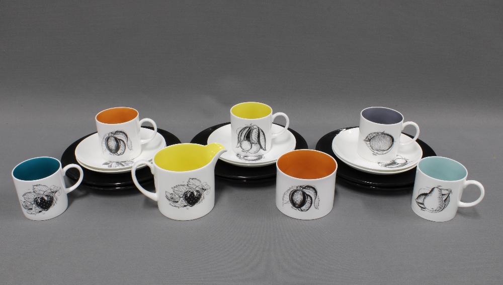 Susie Cooper Black Fruit pattern coffee set, fine bone china, comprising cups, saucers and side