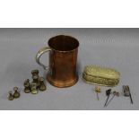 Victorian copper tankard, set of brass weights and a brass box containing a group of three small