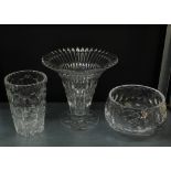 Two mid 20th century Edinburgh Crystal cut glass vases and an Edinburgh Crystal bowl, pattern 65153,