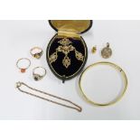 9ct gold gemset dress ring and a collection of yellow metal jewellery to include a stiff bangle,
