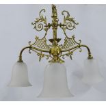 Three branch brass light fitting with glass shades, (one shade a/f) 44cm drop x 61cm