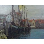 Early 20th century school, harbour scene oil on canvas, signed with initials MH, framed, 40 x 30cm